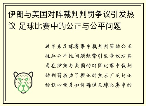 伊朗与美国对阵裁判判罚争议引发热议 足球比赛中的公正与公平问题